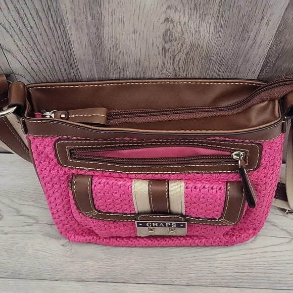 Chaps‎ Pink Brown Woven Faux Leather Multi Pocket Crossbody Bag - Picture 7 of 16